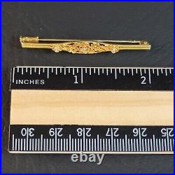 Antique Victorian 14K Yellow Gold Floral Design + 3 Small Diamonds Bar Brooch