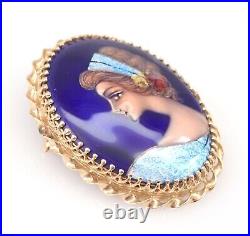 Antique Victorian 14K Yellow Gold French Hand Painted Brooch Pin Pendant