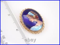 Antique Victorian 14K Yellow Gold French Hand Painted Brooch Pin Pendant