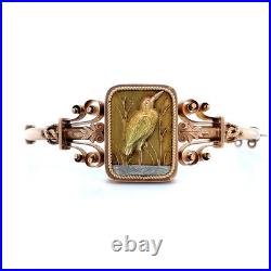 Antique Victorian 14K Yellow Gold Hand Carved Crane Water Bird Hinged Bangle