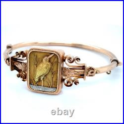 Antique Victorian 14K Yellow Gold Hand Carved Crane Water Bird Hinged Bangle
