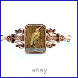Antique Victorian 14K Yellow Gold Hand Carved Crane Water Bird Hinged Bangle