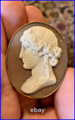 Antique Victorian 14K Yellow Gold Hand Carved Shell Cameo Pin Pendant Hera