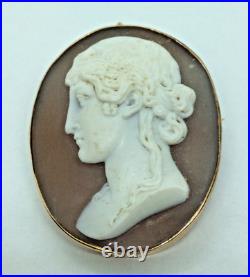 Antique Victorian 14K Yellow Gold Hand Carved Shell Cameo Pin Pendant Hera