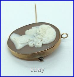 Antique Victorian 14K Yellow Gold Hand Carved Shell Cameo Pin Pendant Hera