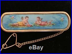 Antique/Victorian 14K gold Hand Painted enamel cherubs/putti scene brooch