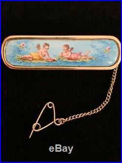 Antique/Victorian 14K gold Hand Painted enamel cherubs/putti scene brooch