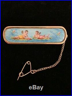 Antique/Victorian 14K gold Hand Painted enamel cherubs/putti scene brooch