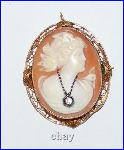 Antique Victorian 14 K Gold Hand Carved Cameo With Diamond Pendant Pin Brooch