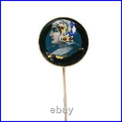 Antique Victorian 14k Gold Blue Glass with Hand Painted Knight Portrait Stick Pin