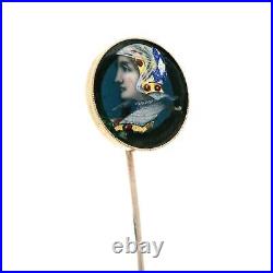 Antique Victorian 14k Gold Blue Glass with Hand Painted Knight Portrait Stick Pin