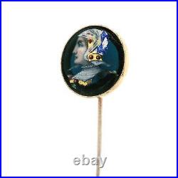 Antique Victorian 14k Gold Blue Glass with Hand Painted Knight Portrait Stick Pin