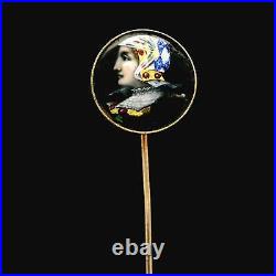Antique Victorian 14k Gold Blue Glass with Hand Painted Knight Portrait Stick Pin
