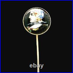 Antique Victorian 14k Gold Blue Glass with Hand Painted Knight Portrait Stick Pin