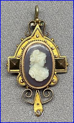 Antique Victorian 14k Gold Cameo Agate Hardstone Hand Carved Classical Pendant