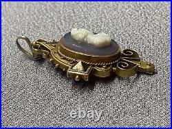 Antique Victorian 14k Gold Cameo Agate Hardstone Hand Carved Classical Pendant
