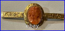 Antique Victorian 14k Gold Carved Coral Cameo Hand Engraved Bar Brooch Pin 7.9gr