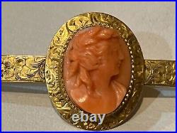 Antique Victorian 14k Gold Carved Coral Cameo Hand Engraved Bar Brooch Pin 7.9gr
