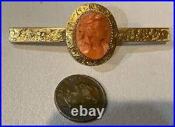 Antique Victorian 14k Gold Carved Coral Cameo Hand Engraved Bar Brooch Pin 7.9gr