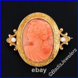 Antique Victorian 14k Gold Carved Coral Cameo with Hand Engraved Frame Brooch Pin