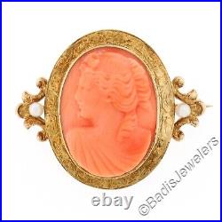 Antique Victorian 14k Gold Carved Coral Cameo with Hand Engraved Frame Brooch Pin