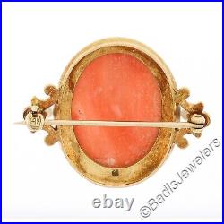 Antique Victorian 14k Gold Carved Coral Cameo with Hand Engraved Frame Brooch Pin