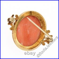 Antique Victorian 14k Gold Carved Coral Cameo with Hand Engraved Frame Brooch Pin