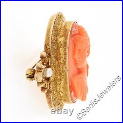 Antique Victorian 14k Gold Carved Coral Cameo with Hand Engraved Frame Brooch Pin