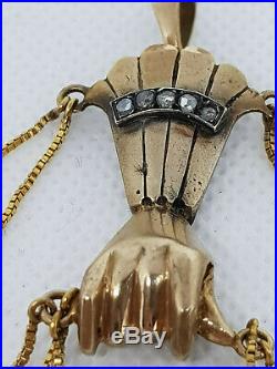 Antique Victorian 14k Gold Diamond Hand Mano Cornuto Evil Eye Pendant Charm HUGE