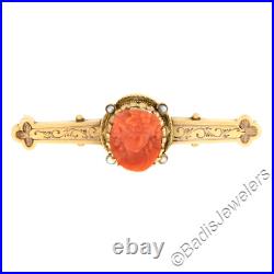 Antique Victorian 14k Gold GIA Carved Coral Cameo Hand Engraved Bar Brooch Pin Antique Victorian 14k Gold GIA Carved Coral Cameo Hand Engraved Bar Brooch Pin