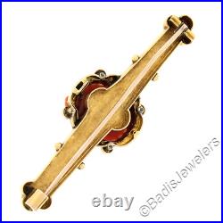 Antique Victorian 14k Gold GIA Carved Coral Cameo Hand Engraved Bar Brooch Pin