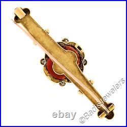 Antique Victorian 14k Gold GIA Carved Coral Cameo Hand Engraved Bar Brooch Pin