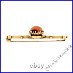 Antique Victorian 14k Gold GIA Carved Coral Cameo Hand Engraved Bar Brooch Pin