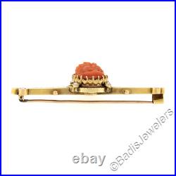 Antique Victorian 14k Gold GIA Carved Coral Cameo Hand Engraved Bar Brooch Pin