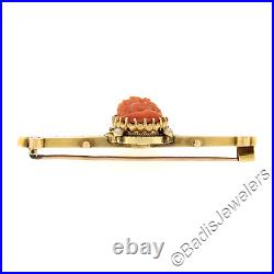 Antique Victorian 14k Gold GIA Carved Coral Cameo Hand Engraved Bar Brooch Pin