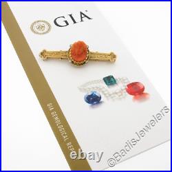 Antique Victorian 14k Gold GIA Carved Coral Cameo Hand Engraved Bar Brooch Pin