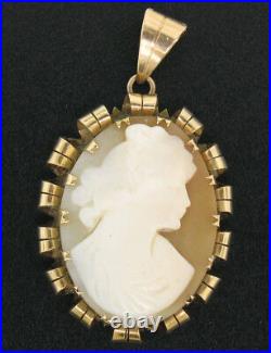 Antique Victorian 14k Gold Hand Carved Shell Oval Cameo Pendant with Curled Frame