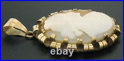 Antique Victorian 14k Gold Hand Carved Shell Oval Cameo Pendant with Curled Frame
