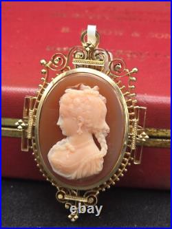 Antique Victorian 14k Gold Hardstone Cameo Brooch / Pendant Hand Carved Heavy