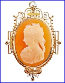 Antique Victorian 14k Gold Hardstone Cameo Brooch / Pendant Hand Carved Heavy