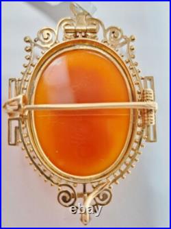 Antique Victorian 14k Gold Hardstone Cameo Brooch / Pendant Hand Carved Heavy
