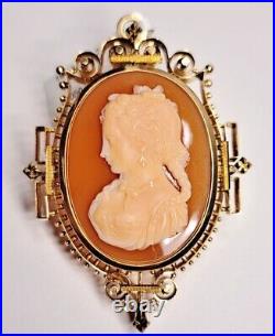 Antique Victorian 14k Gold Hardstone Cameo Brooch / Pendant Hand Carved Heavy