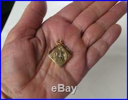 Antique Victorian 14k Gold Old Mine Diamond Locket Fob Charm Hand Etched Square