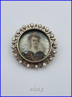 Antique Victorian 14k Gold & Pearl Hand Painted Portrait Lady Pin Pendant