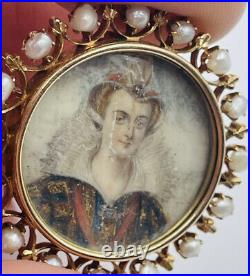 Antique Victorian 14k Gold & Pearl Hand Painted Portrait Lady Pin Pendant