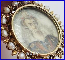 Antique Victorian 14k Gold & Pearl Hand Painted Portrait Lady Pin Pendant