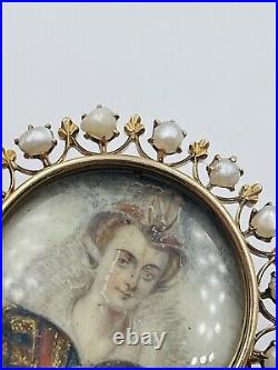 Antique Victorian 14k Gold & Pearl Hand Painted Portrait Lady Pin Pendant