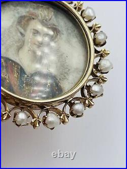 Antique Victorian 14k Gold & Pearl Hand Painted Portrait Lady Pin Pendant