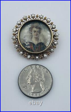 Antique Victorian 14k Gold & Pearl Hand Painted Portrait Lady Pin Pendant