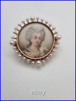 Antique Victorian 14k Gold & Pearl Hand Painted Portrait Pin Brooch Margaret